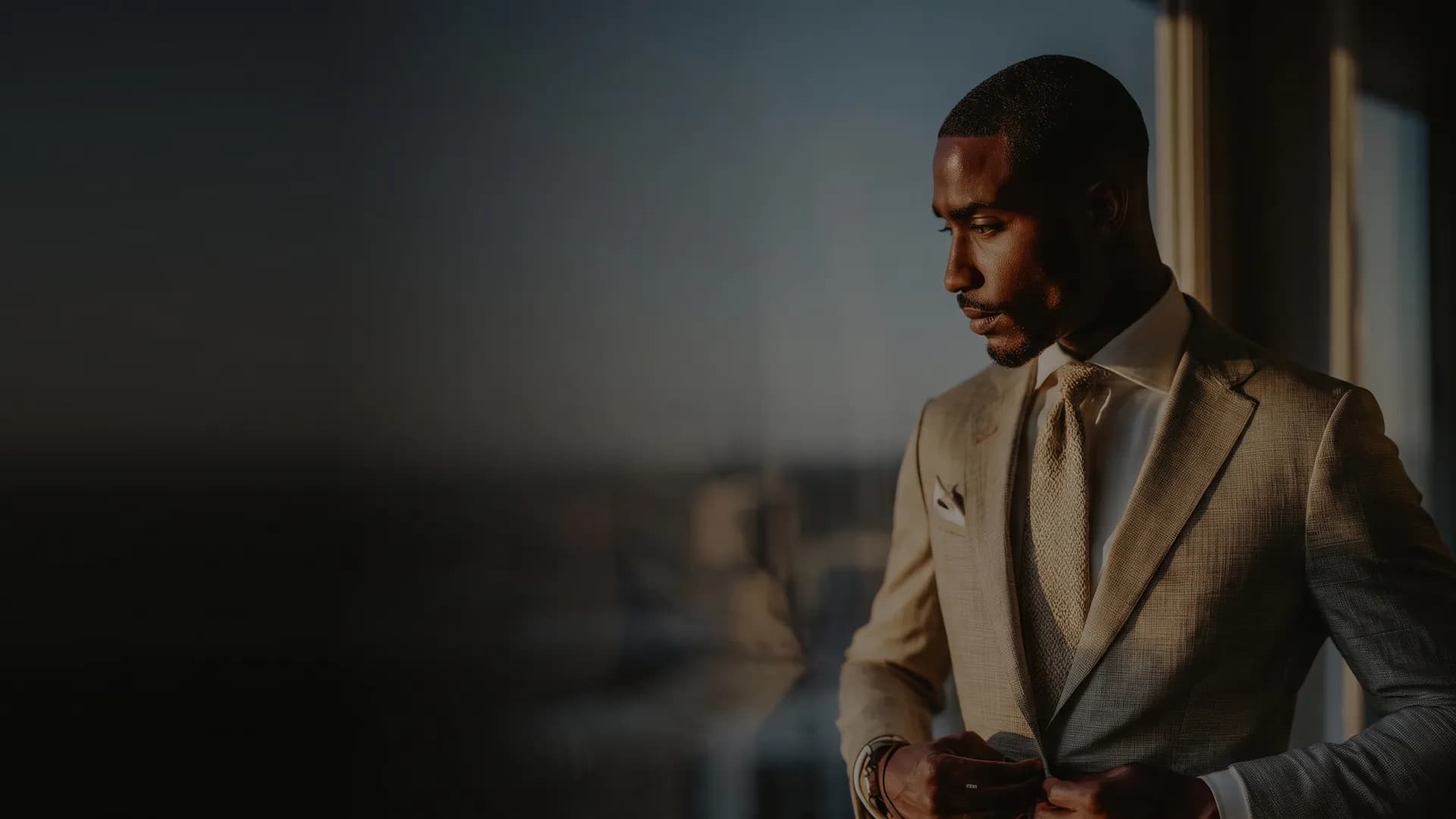 Black man in a tan suit by a window overlooking a city skyline
