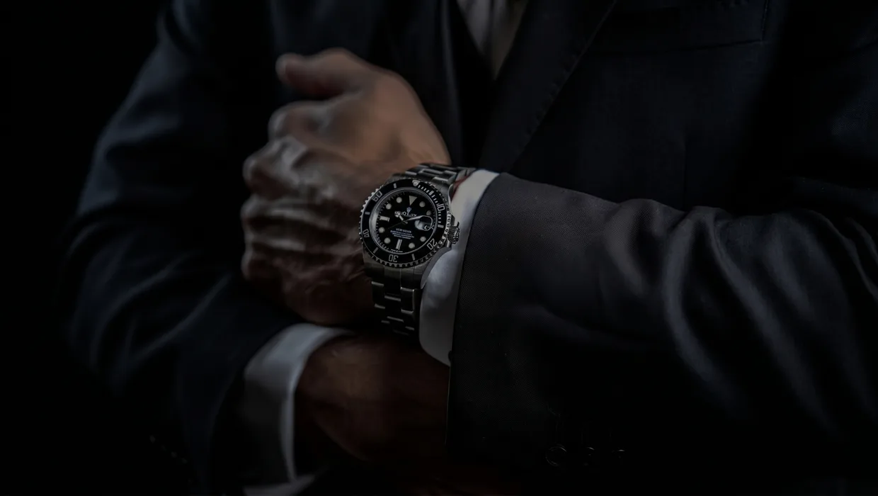 Close detail of a precision dive watch on a suited wrist, representing optimization and discipline